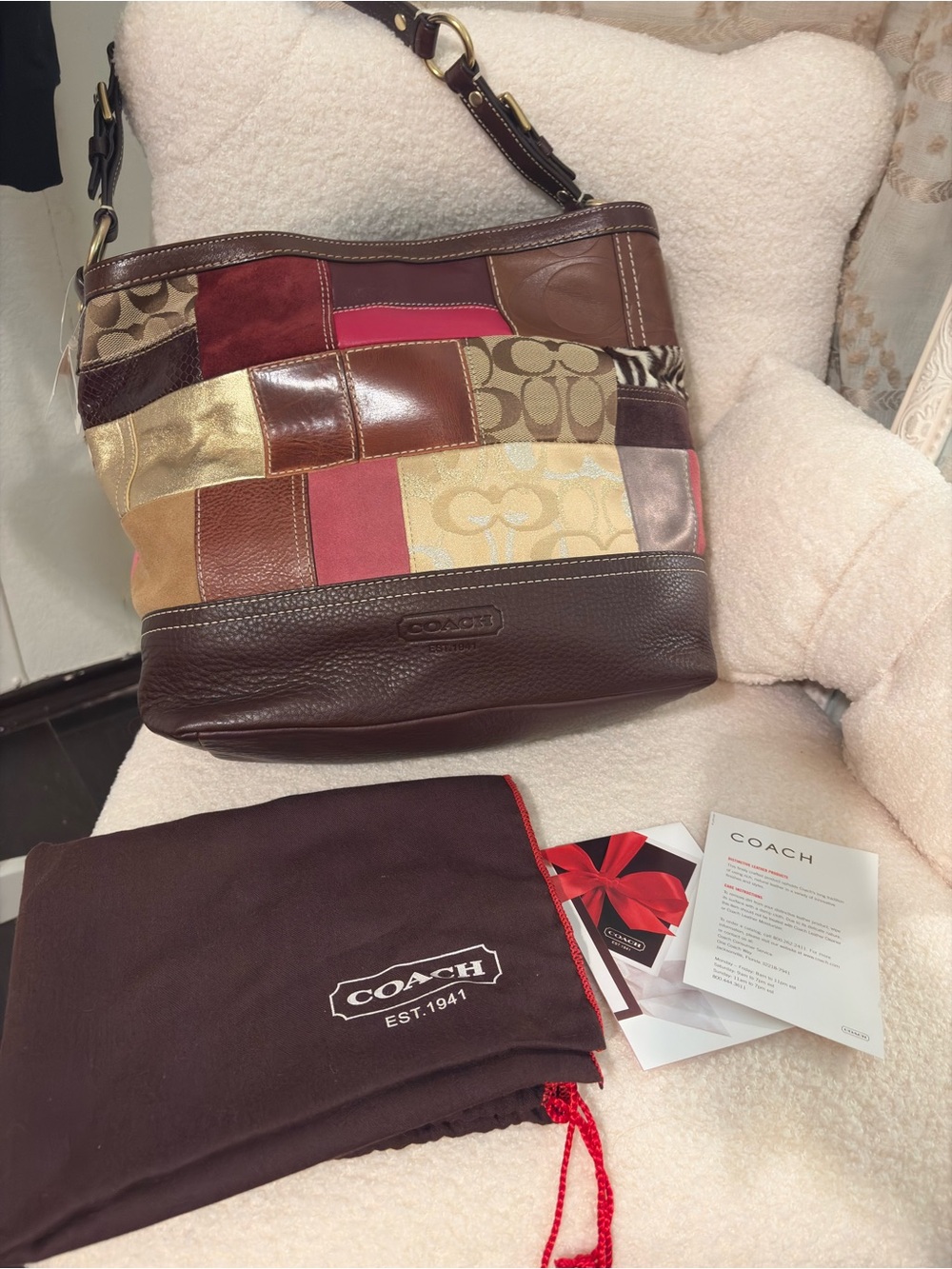 COACH Multicolor Patchwork Shoulder Bag in Brown, Gold & Pink